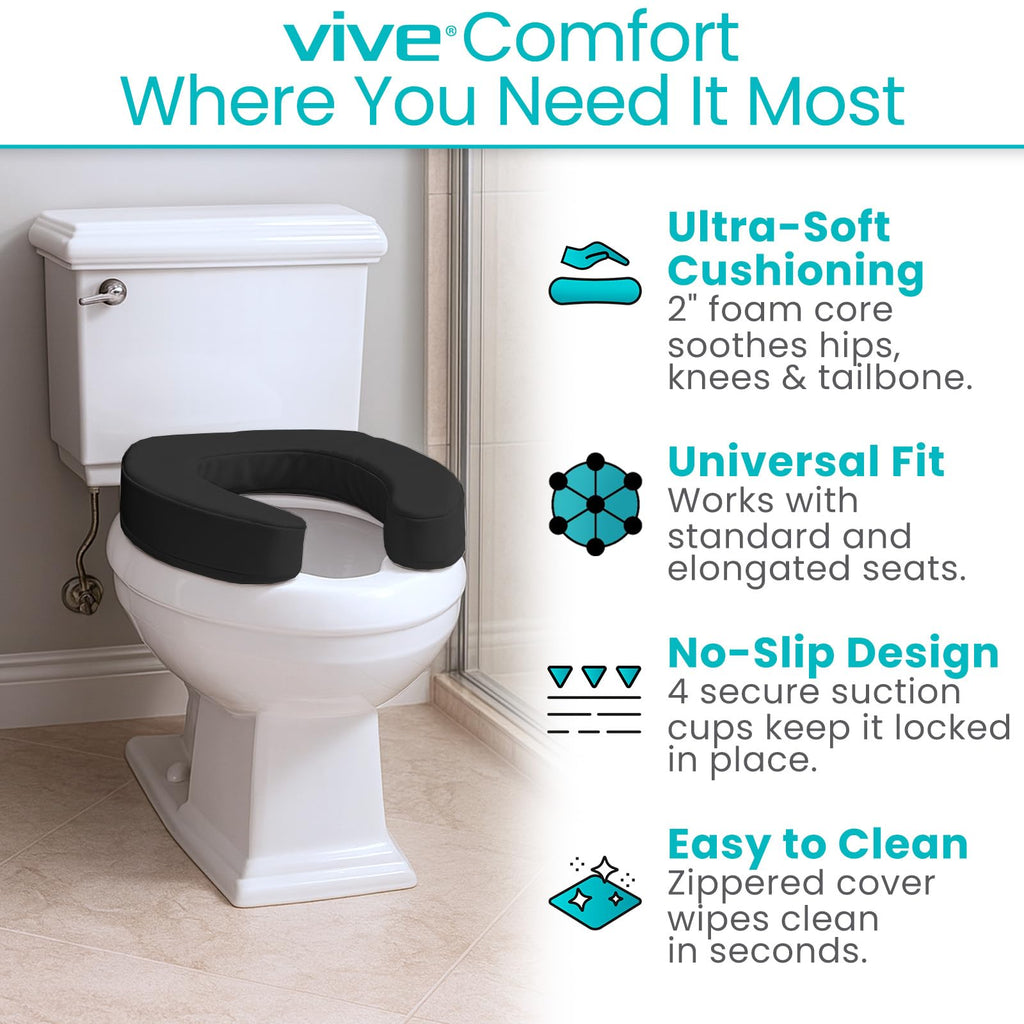 Vive Toilet Seat Cushion (Soft Cushioned Foam) - Easy Clean Padded Bathroom Attachment - Elongated, Standard Seats - Comfort and Support Donut for Handicap, Adults (2" Cushioned Foam, Black)