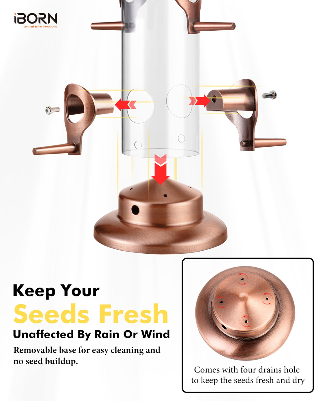 iBorn Bird Feeders for Outdoors 14" 6 Ports Chew-Resistant, Copper, 1PK