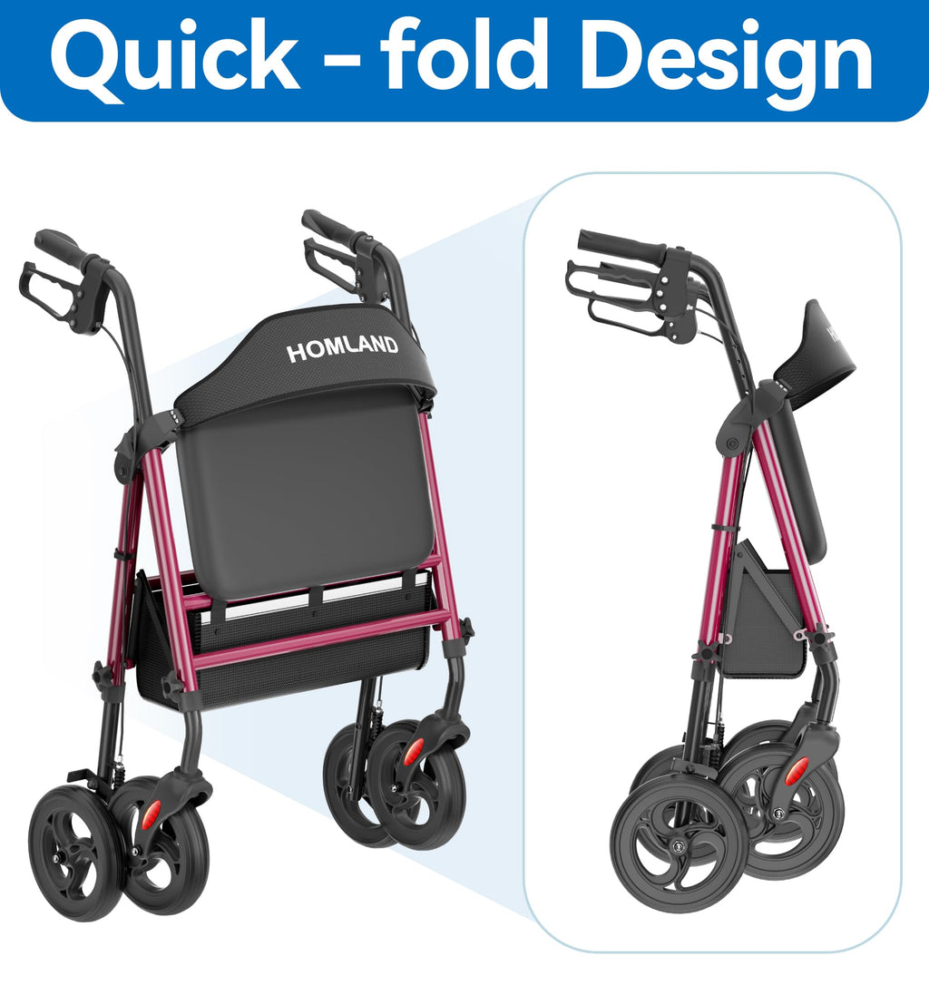 HOMLAND Bariatric Walkers for Seniors, 500lb Heavy Duty Rollator Walker with Extra Wide Padded Seat, 8” All Terrain Foldable Rolling Walker with Dual-Height Adjustable