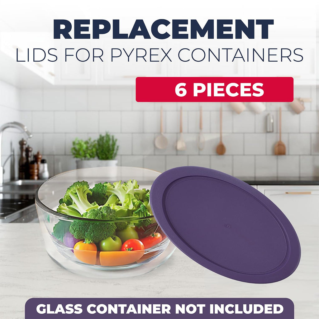 Replacement Lids for Pyrex Containers Round Glass Food Plastic - (2) 2-Cup Navy, (2) 4-Cup Purple, (2) 7-Cup Dark Red- BPA-Free, Dishwasher & Microwave Safe