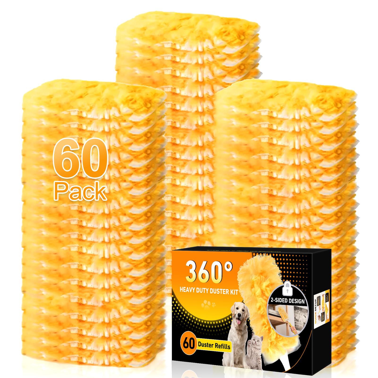 60 Count Heavy Duty Duster Refills for Swiffer, Multisurface 360° Larger Size Dusters with 4X Microfibers, Disposable Dusters for Pet, Cleaning Home, Blinds, Fans, Corners (60 pcs-Orange)