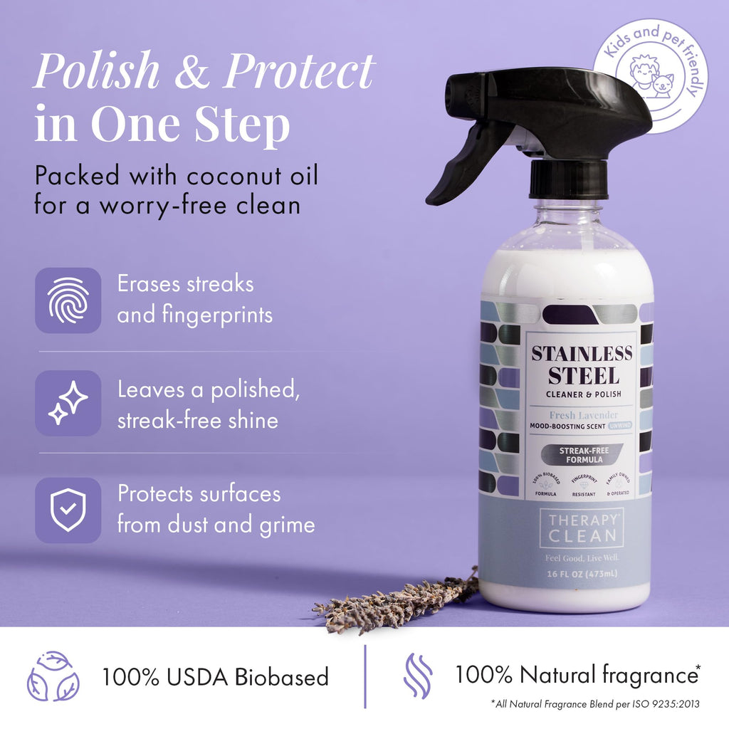 Therapy Stainless Steel Cleaner and Polish 100% USDA Biobased, Fingerprint and Residue Remover, Lavender Essential Oil Scent, Sink Cleaner, Grill Spray