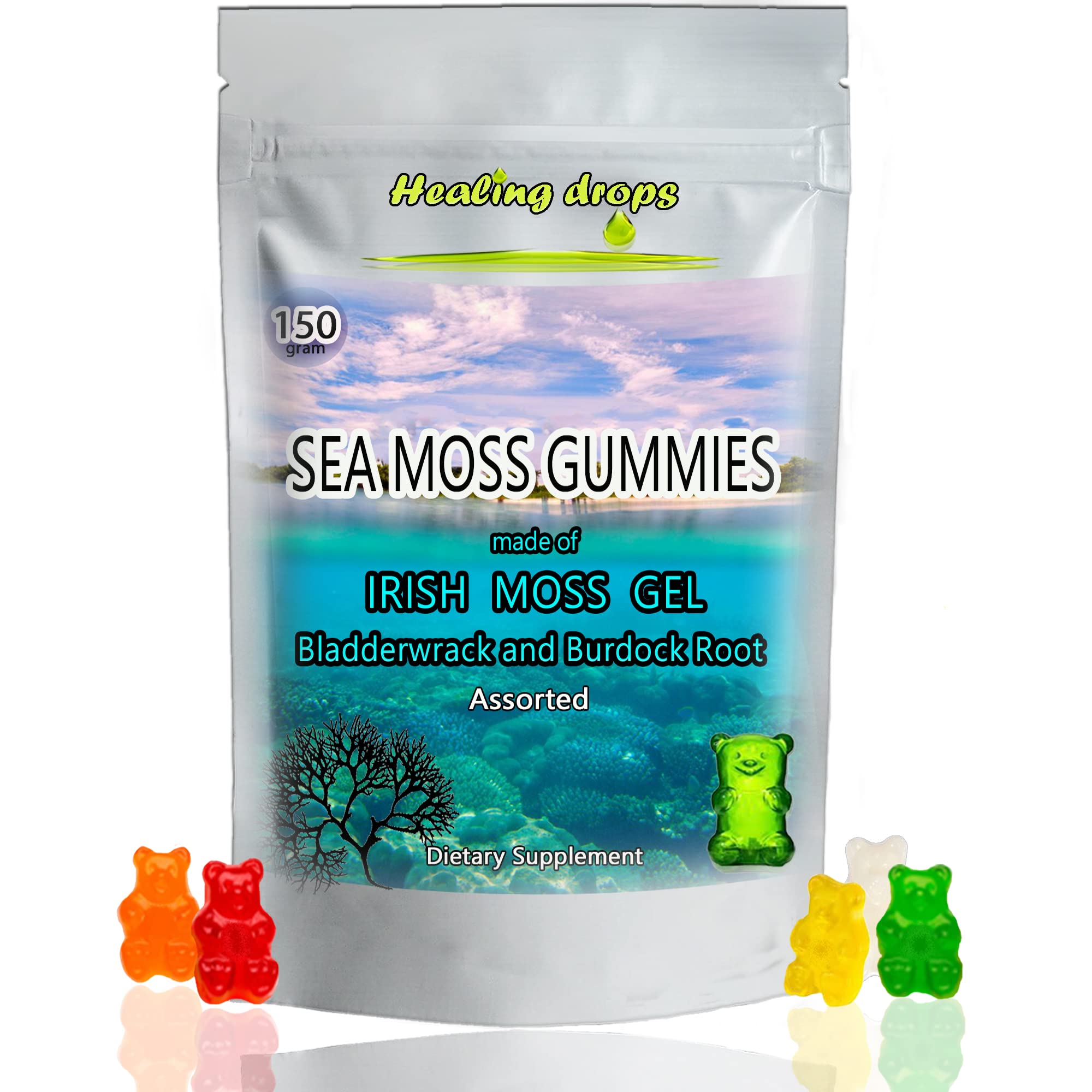 Sea Moss Gummies - Irish Sea Moss - Raw Organic Wildcrafted Sun-Dried Seamoss Powder and Gel - with Bladderwrack Burdock Root – Alkaline Keto Vegan Non-GMO Diet – Skin & Detox (Assorti)