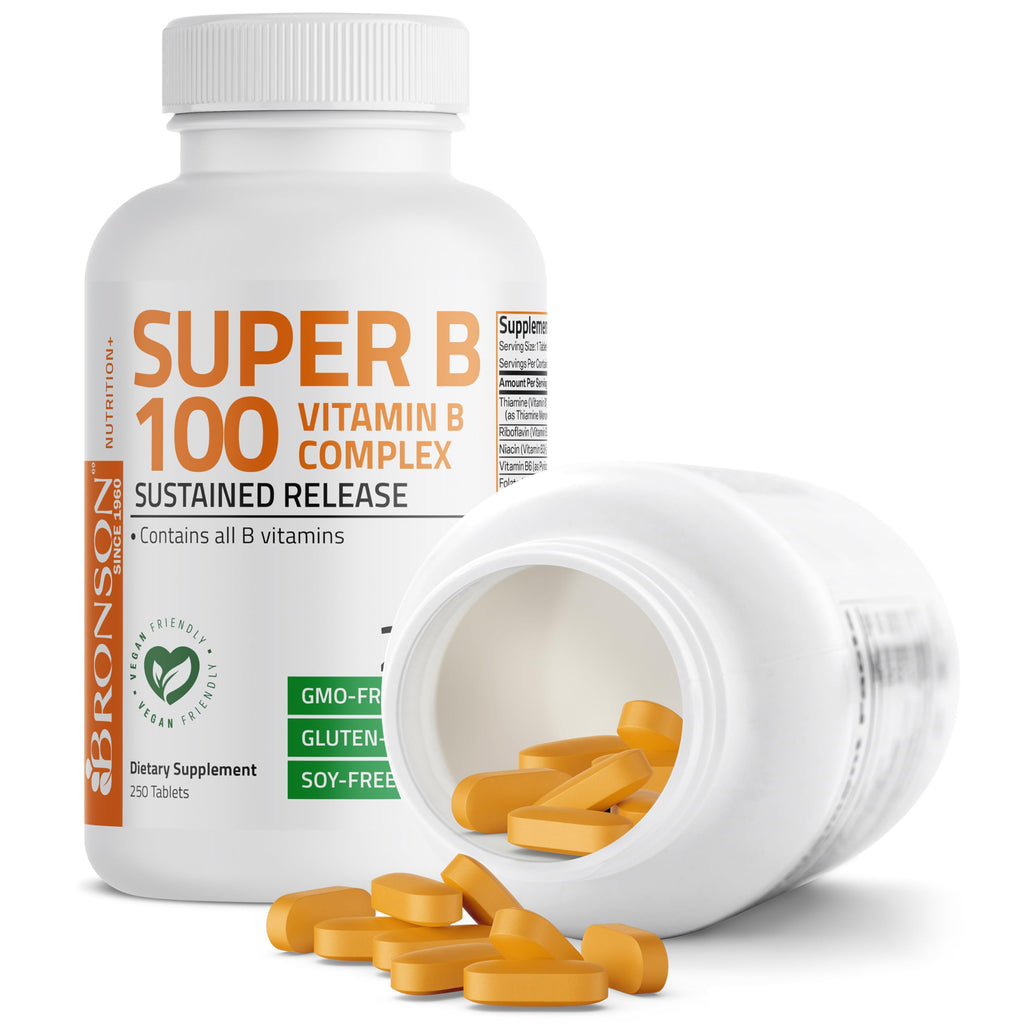 Bronson Super B 100 Vitamin B Complex Sustained Release Contains All B Vitamins (Vitamin B1, B2, B3, B6, B9 - Folic Acid, B12) Supports Energy Metabolism & Nervous System Health, Non-GMO, 250 Tablets