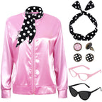 SOMSOC 1950s Pink Satin Jacket with Neck Scarf Headband Earrings Cat Eye Glasses Halloween Cosplay Costume Set for Women Girl