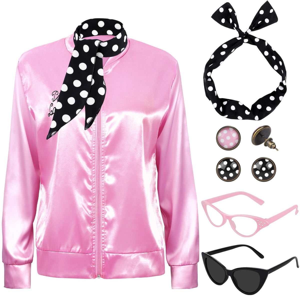 SOMSOC 1950s Pink Satin Jacket with Neck Scarf Headband Earrings Cat Eye Glasses Halloween Cosplay Costume Set for Women Girl