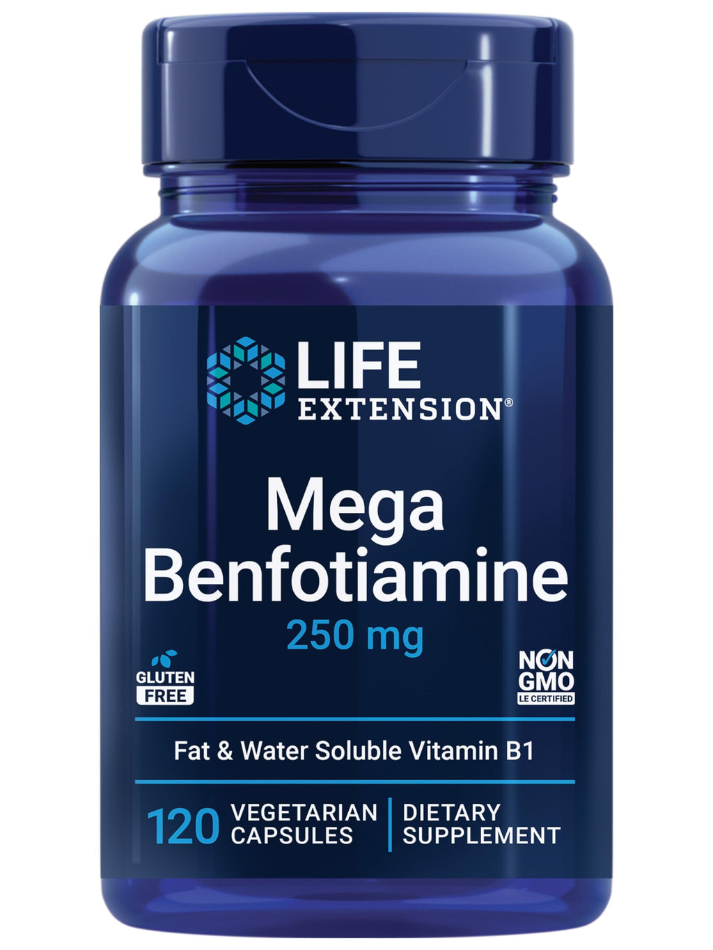 Life Extension Mega Benfotiamine, 250 mg, a fat-soluble form of thiamine, healthy metabolism, ultra-bioavailable vitamin B1, high potency, gluten-free, non-GMO, vegetarian, 120 capsules