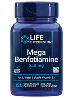 Life Extension Mega Benfotiamine, 250 mg, a fat-soluble form of thiamine, healthy metabolism, ultra-bioavailable vitamin B1, high potency, gluten-free, non-GMO, vegetarian, 120 capsules