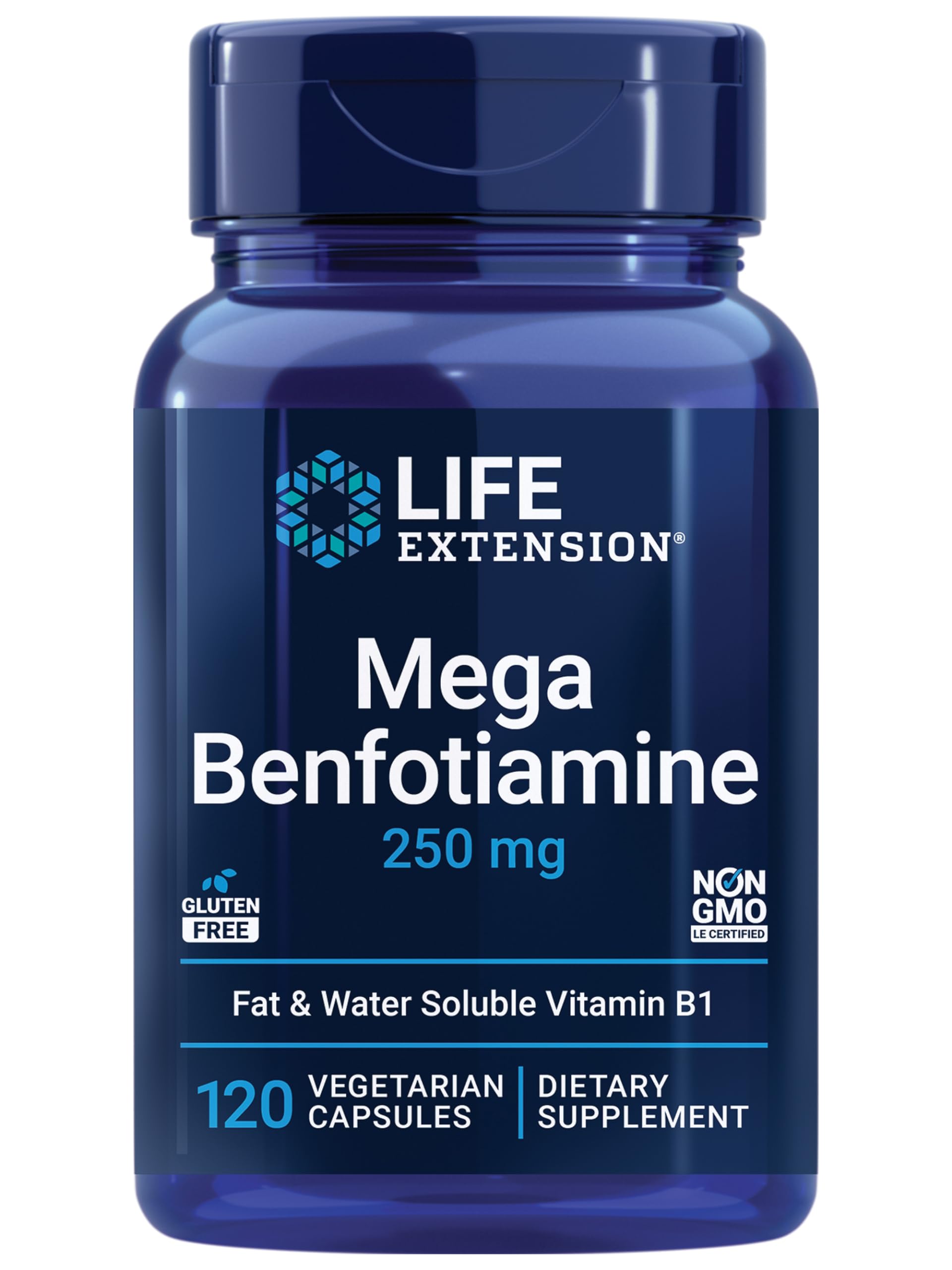 Life Extension Mega Benfotiamine, 250 mg, a fat-soluble form of thiamine, healthy metabolism, ultra-bioavailable vitamin B1, high potency, gluten-free, non-GMO, vegetarian, 120 capsules
