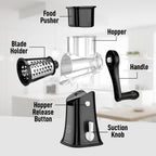 Zulay Kitchen Rotary Cheese Grater 5 Blade Cheese Shredder - Manual Hand Crank Cheese Grater With Reinforced Suction & 5 Interchangeable Drums - Easy to Use, Vegetable Chopper Round Mandoline Slicer