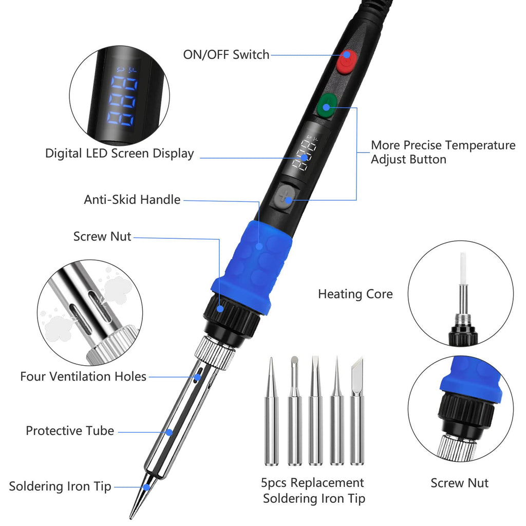 Soldering Iron Kit, 90W LED Digital Solder Iron Kit with Ceramic Heater, 110V Welding Tools with Smart Temperature Control, Auto Sleep, Temp Calibration, C/F, Accurate 176℉-896℉