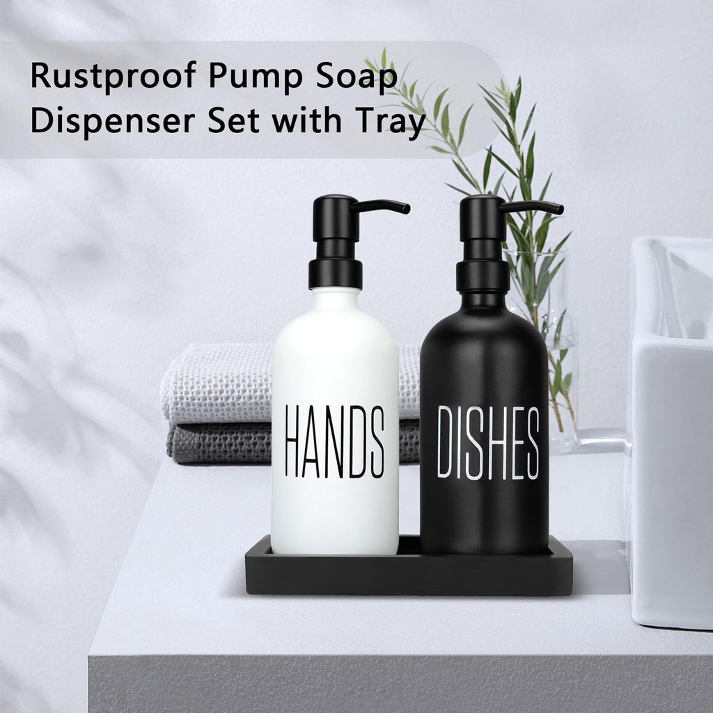 Kitchen Soap Dispenser Set with Silicone Tray, Premium Glass Hand and Dish Soap Dispenser Set for Kitchen Sink, Rustproof Stainless Steel Pump, Modern Kitchen Décor & Versatile Gift for Any Occasion
