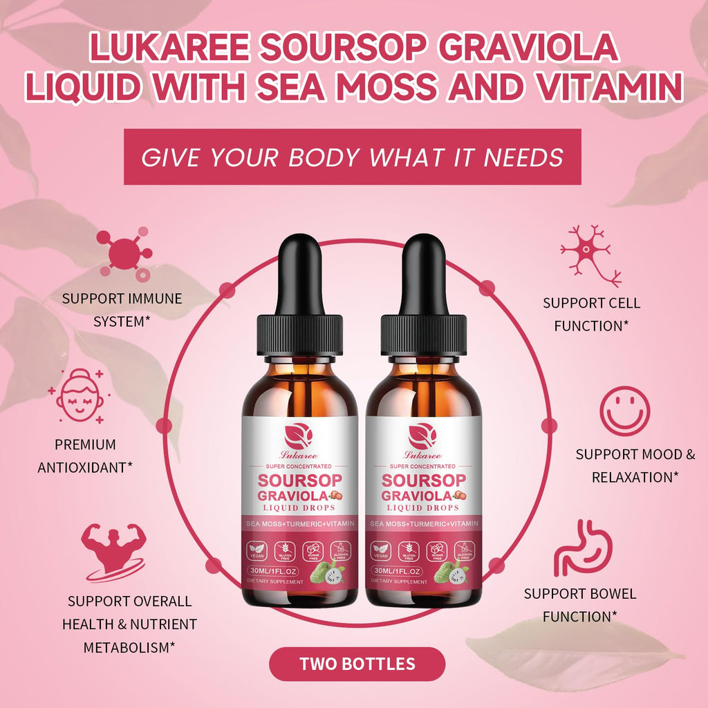 (2 Pack) Soursop Graviola Leaf Extract Liquid Drop Plus Pure Botanical Sea Moss for Cell Support & Regeneration, Immunity and Gut Health, Soursop Bitters Liquid丨Full Texture,Strawberry Flavor,1 Fl Oz