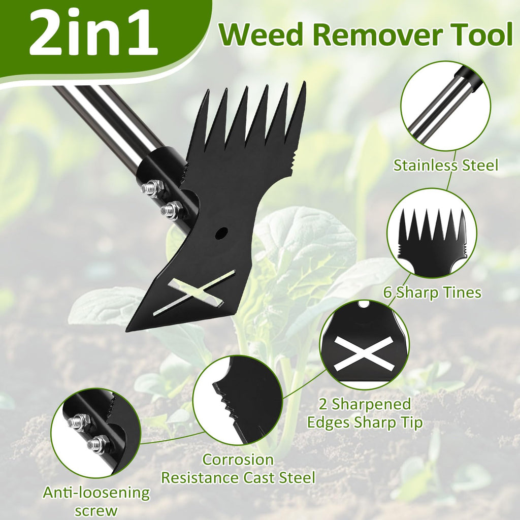 Weed Puller Tool with Long Handle - Adjustable Length Manual Weeder Remover Tool, 2 in 1 Hand Weed Rake and Garden Hoe for Gardening, Uprooting Weeding Tool for Yard, Lawn, Patio, Garden