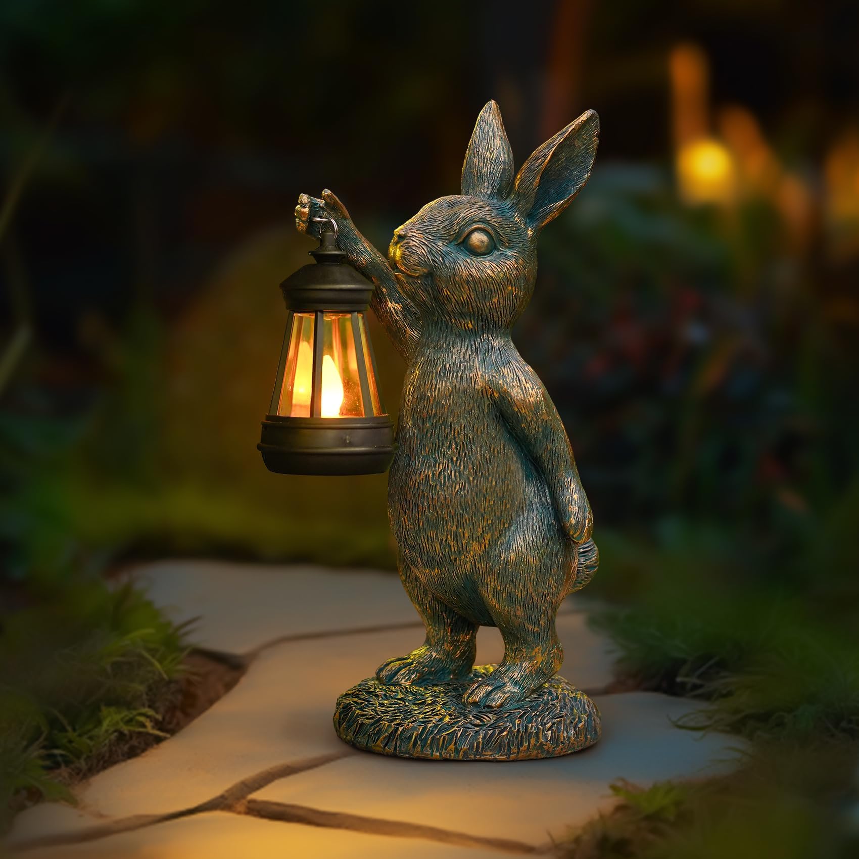 zuzuzen Rabbit Garden Statues with Solar Lantern Bunny Outdoor Resin Sculpture for Patio Yard Lawn Decorations Gifts for Mother’s Day Housewarming Easter