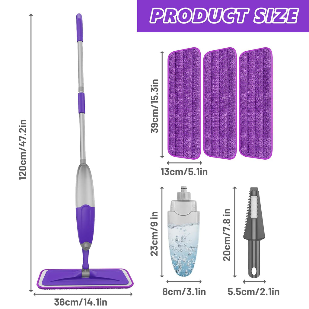 HOMTOYOU Spray Mops for Floor Cleaning: Wet Mop for Hardwood Tile Wood Laminate Vinyl - 3 Washable Microfiber Pads for Swiffer Powermop - Absorbs Pet Hair Dust