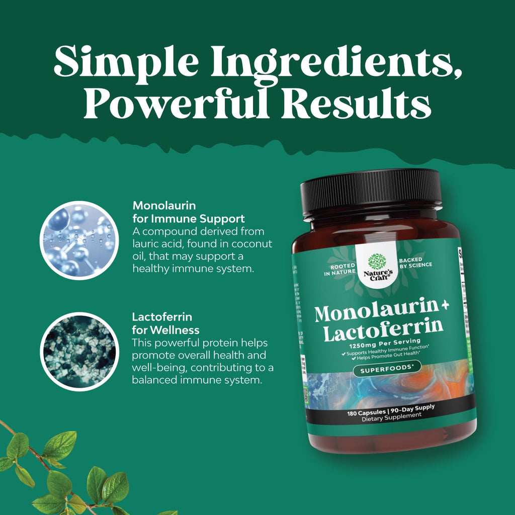 High Strength Lactoferrin & Monolaurin Supplement - Microbiome Digestive Health Immune Support Supplement - 250mg Lactoferrin and Monolaurin 1000mg Capsules - Vegetarian 180 Count (Pack of 1)