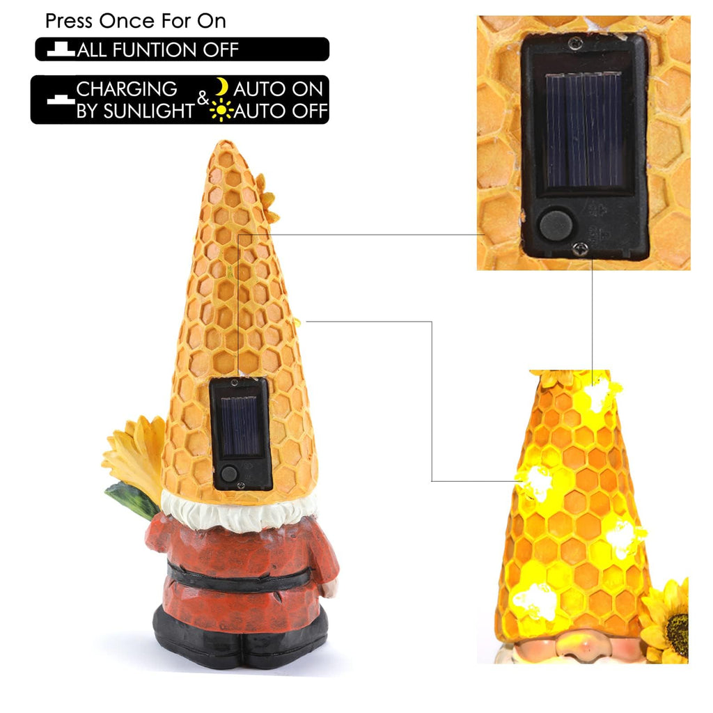 REYISO 12.3'' Sunflower Garden Gnomes Statue with Solar Bee Lights