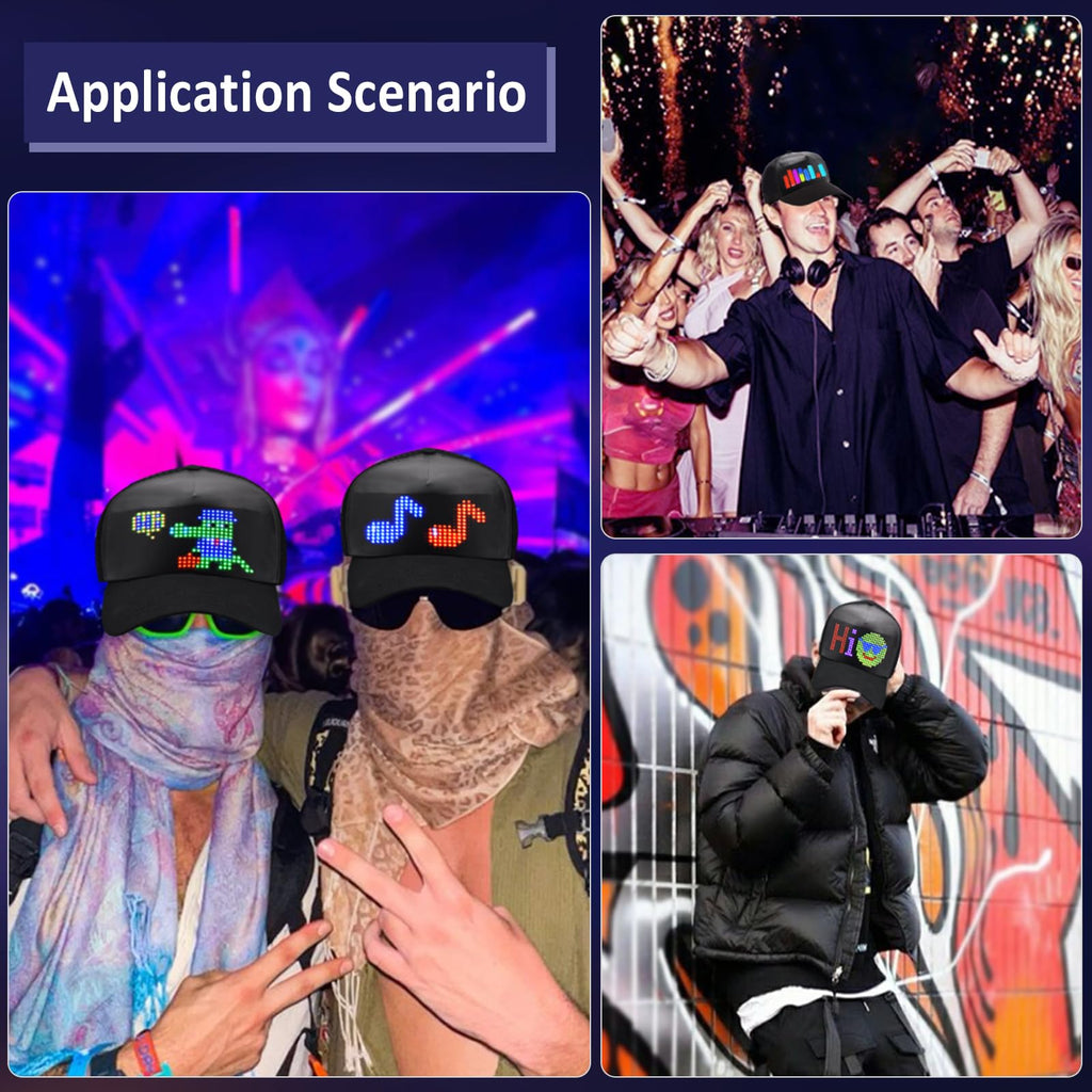 GOTUS LED Hats, LED Display Screen Smart Caps,Bluetooth APP Control,Custom Text, Patterns, Animations for Party Christmas Halloween(1632) Black