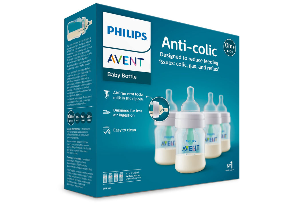 Philips Avent Anti-Colic Baby Bottle with AirFree Vent, Slow Flow, 4 oz