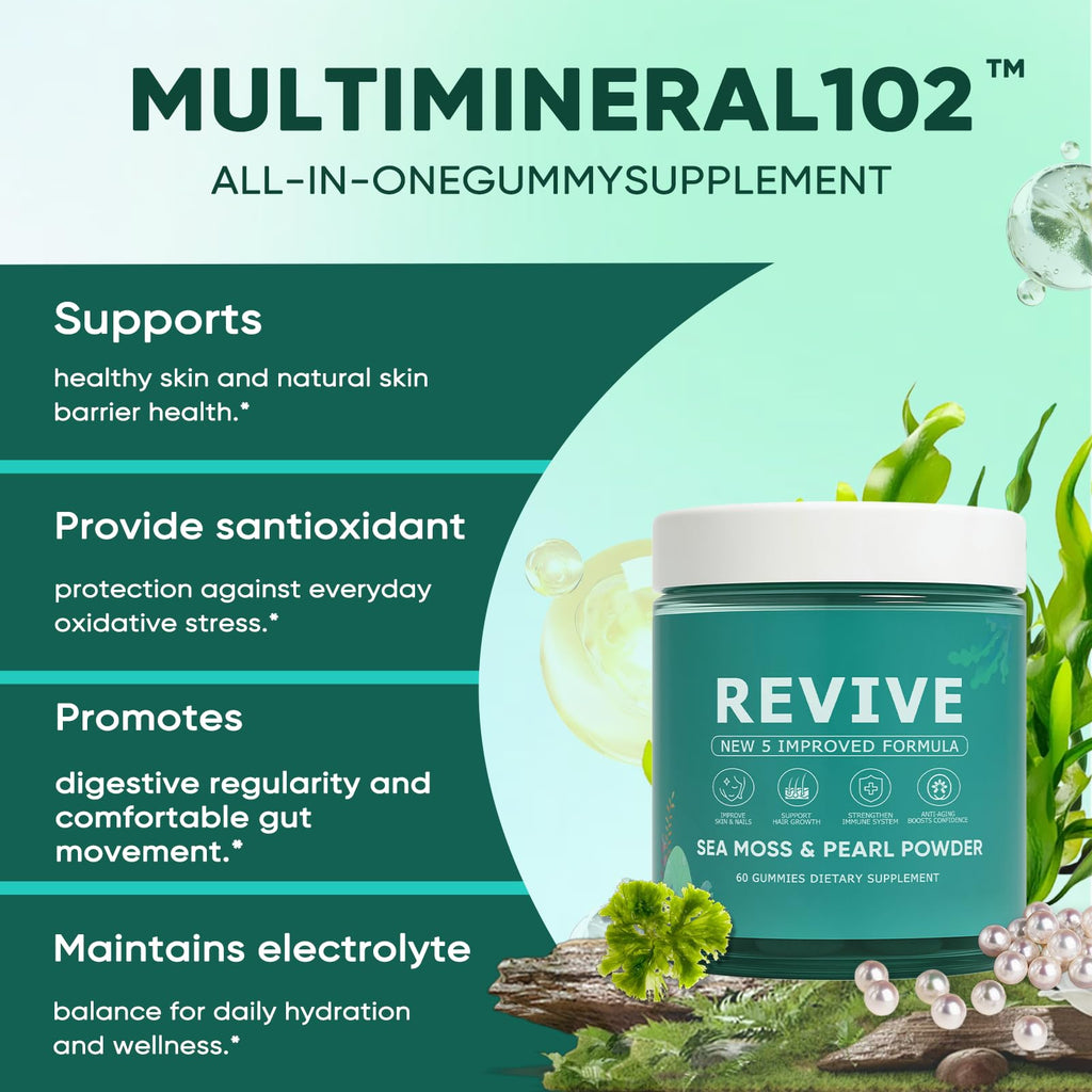KLUNIZ Revive Hair Gummies, Balmbare Revive Gummies for Hair, Promotes Thicker, Fuller, Stronger Hair, with Organic Irish Sea Moss, Pearl Powder Glow, Vitamin C/E, Aloe Vera, 60 Count