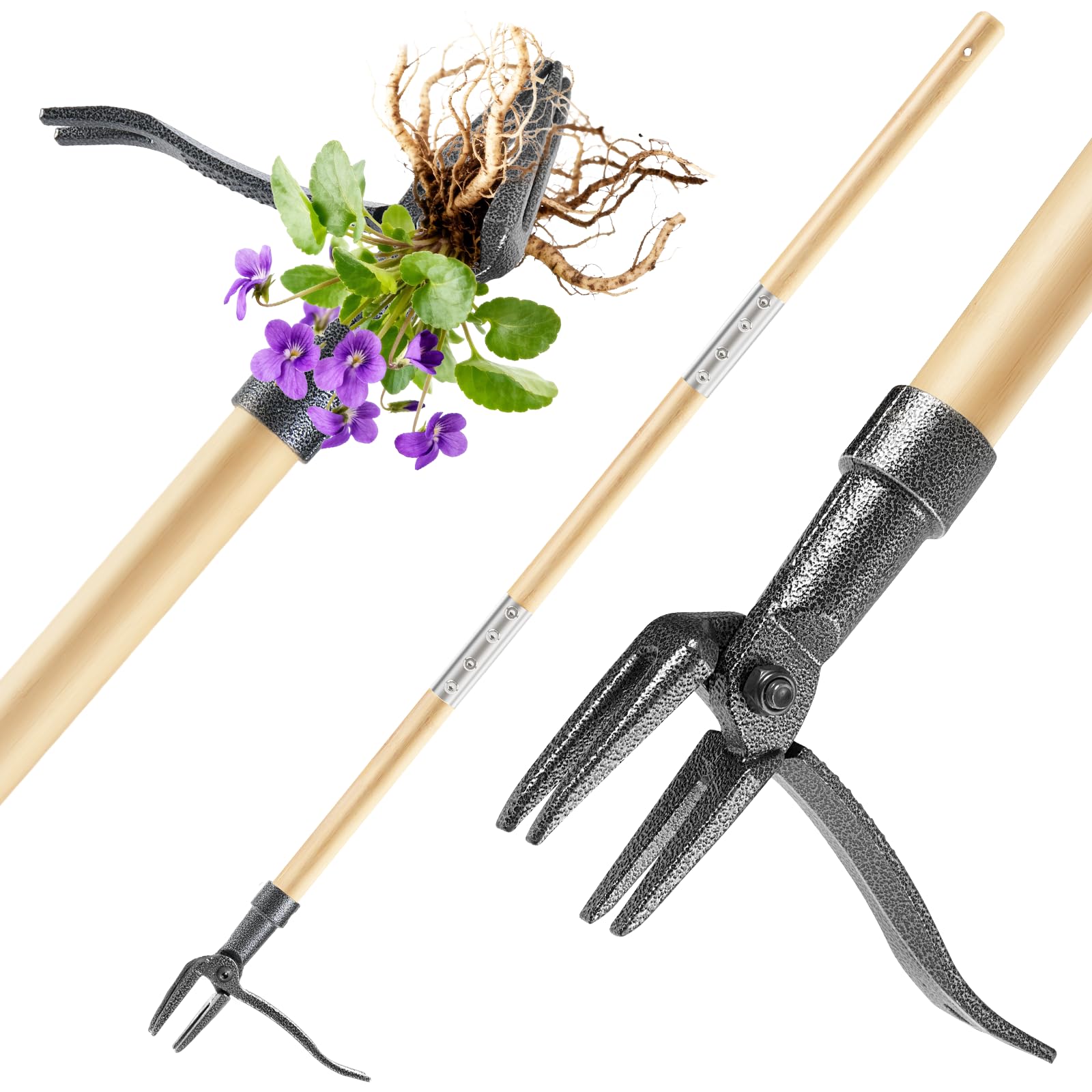 BellaJoyz Weed Puller Tool, Stand Up Heavy Duty Weed Remover Tool with Long Handle & 4-Claw Steel Head, Bamboo Garden Hand Weeding Tool - Easily Remove Weeds Without Bending, Pulling,or Kneeling