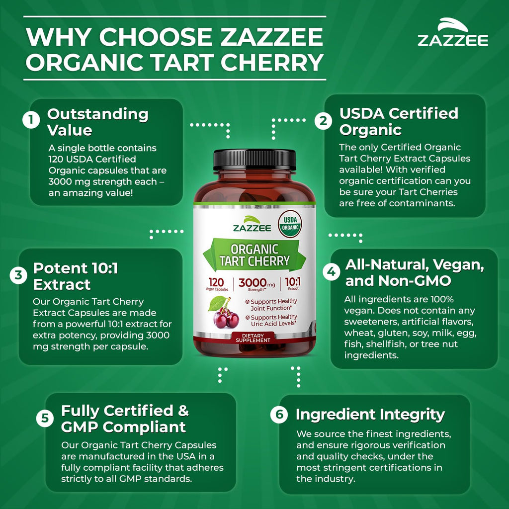 Zazzee USDA Organic Tart Cherry 10:1 Extract, 3000 mg Strength, 120 Vegan Capsules, 4 Month Supply, Standardized, Concentrated 10X Extract, 100% Vegetarian, Certified Organic, All-Natural and Non-GMO