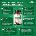 Zazzee USDA Organic Tart Cherry 10:1 Extract, 3000 mg Strength, 120 Vegan Capsules, 4 Month Supply, Standardized, Concentrated 10X Extract, 100% Vegetarian, Certified Organic, All-Natural and Non-GMO