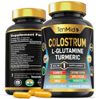 Tenmido Colostrum Supplement - 10in1 Formula - Combine with L- Glutamine, Turmeric, Cayenne Pepper, Apple Pectin, Probiotics, Ginger, and More - Digestive Health, Immune Support - 120 Capsules