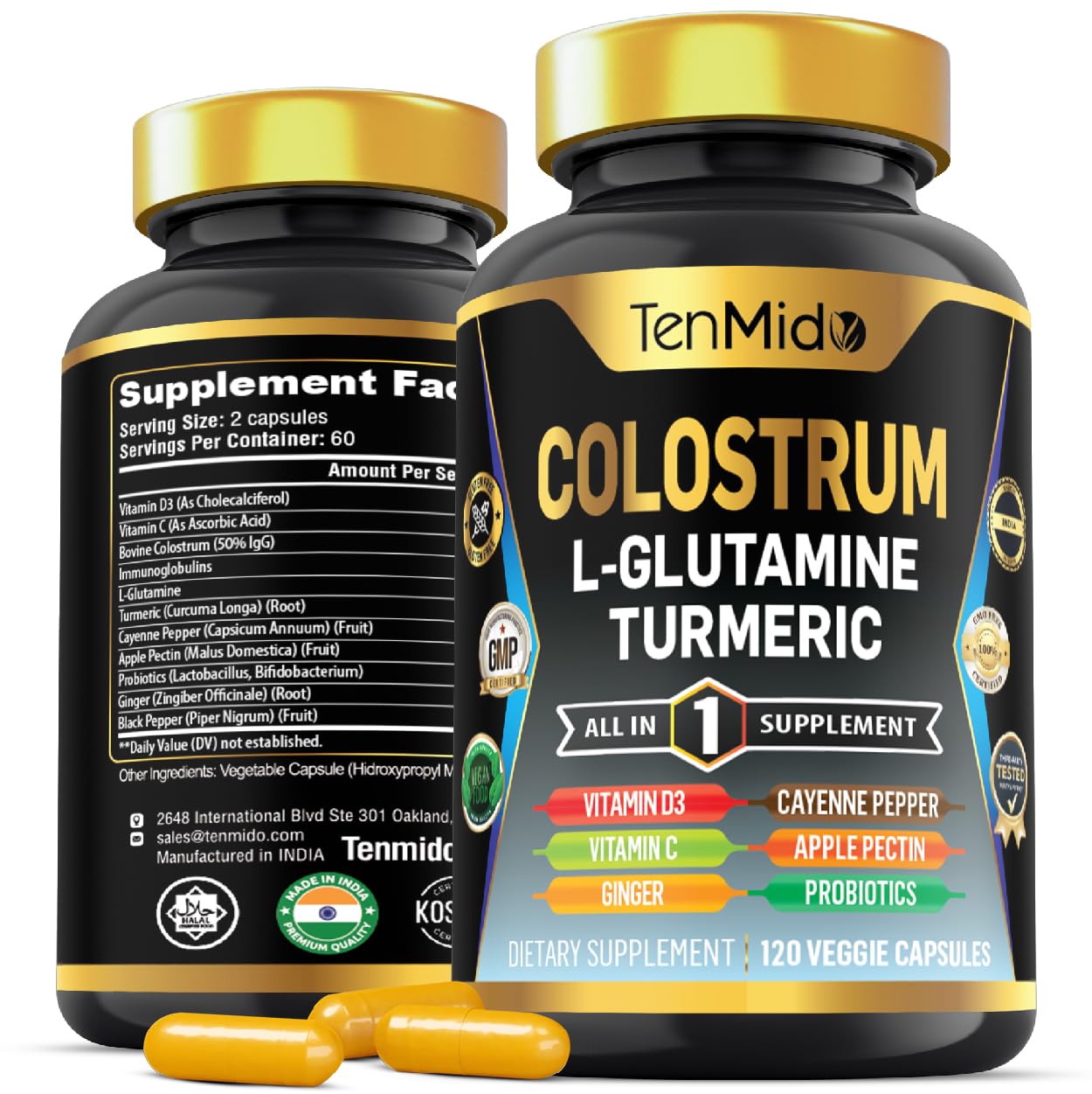 Tenmido Colostrum Supplement - 10in1 Formula - Combine with L- Glutamine, Turmeric, Cayenne Pepper, Apple Pectin, Probiotics, Ginger, and More - Digestive Health, Immune Support - 120 Capsules