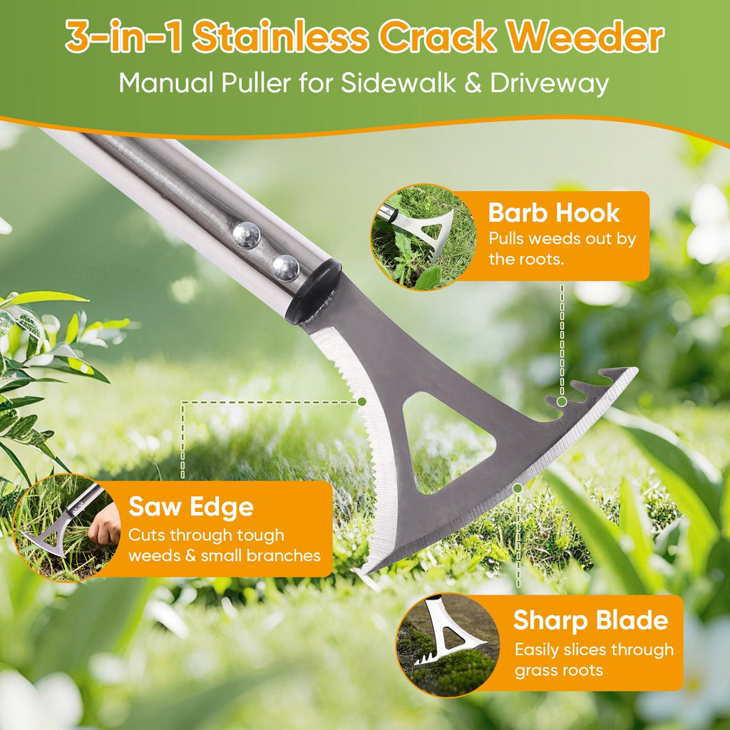 EOMEOH Crack Weeder, 3-in-1 Stainless Steel Weeding Tool with 60" Long Handle - Stand Up Weeder for Driveway, Sidewalk & Deck Crevices - No Bending, Tool-Free Assembly