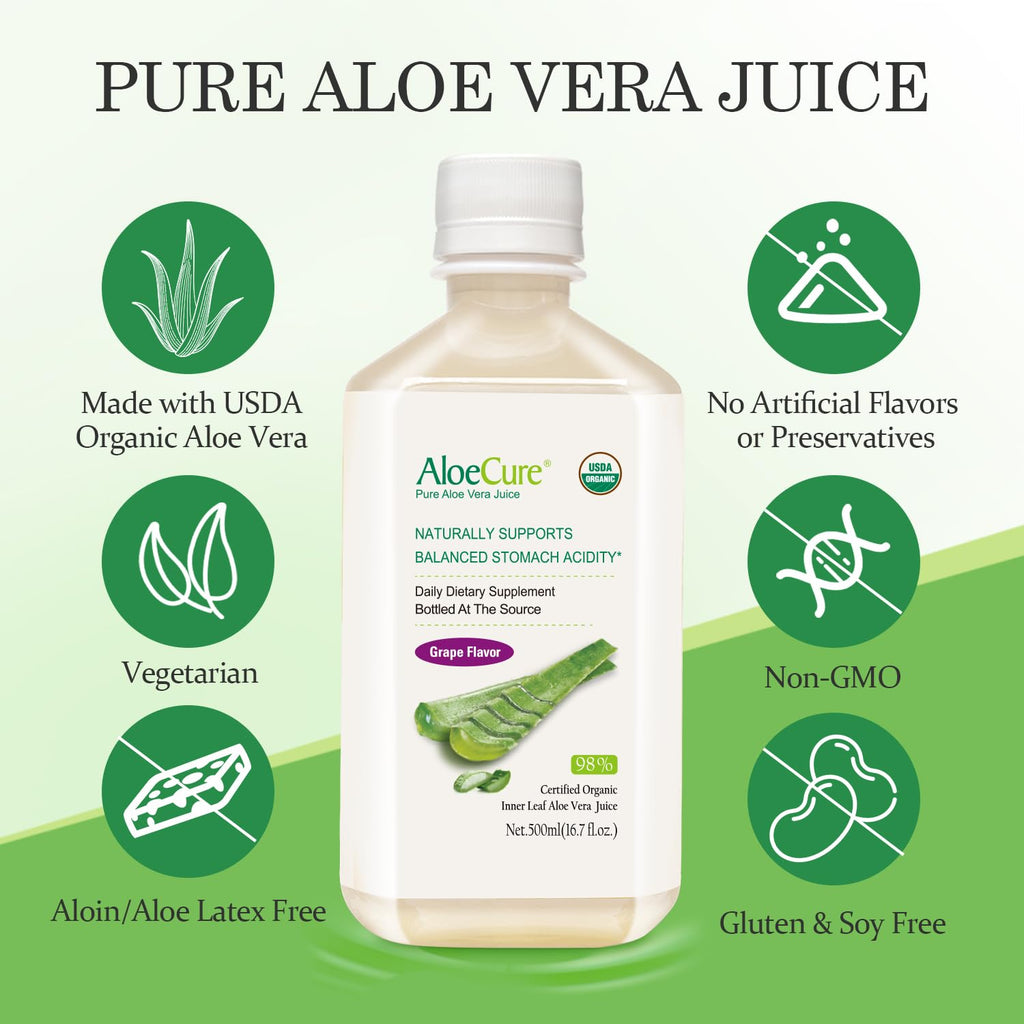 AloeCure USDA Organic Aloe Vera Juice Grape Flavor, Made Within 12 Hours of Harvest - Pure Aloe Vera Digestive & Immune Health Supplement, Helps Maintain Balanced Stomach Acidity, 16.7oz x 2 Btls