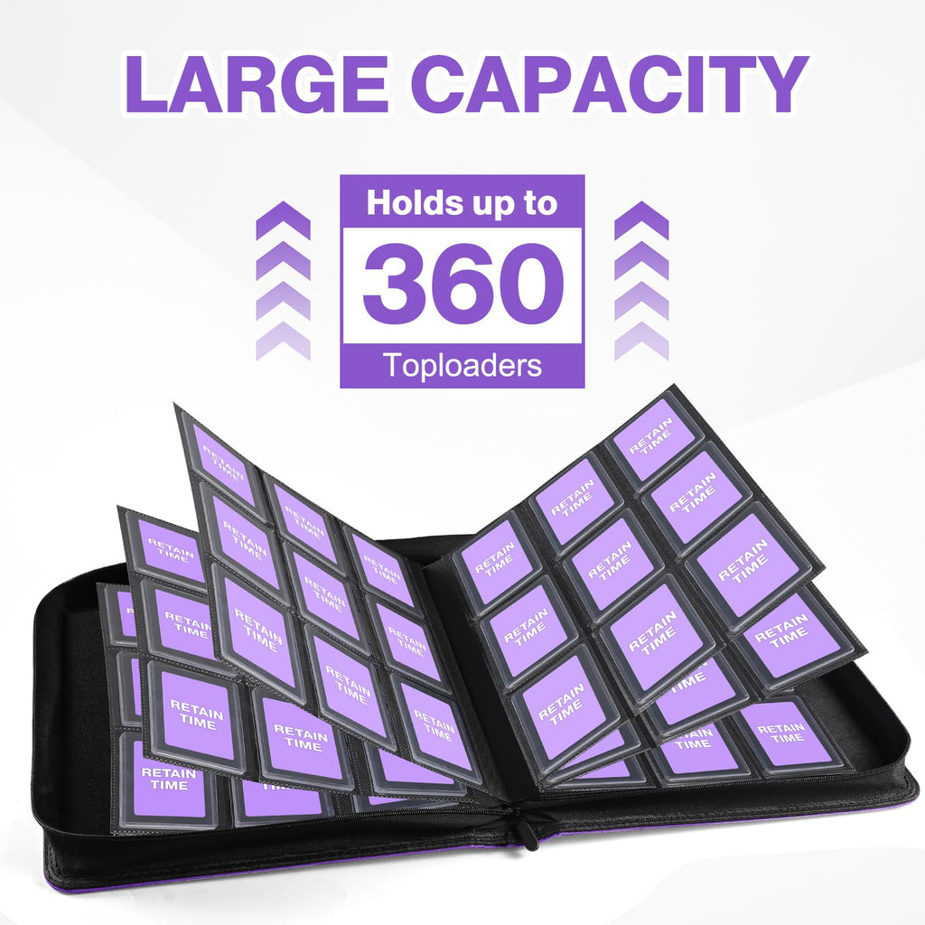 Toploader Binder, Holds 360 Toploaders, 100 Toploaders INCLUDED, 9-Pocket PU Cover Top Loader Binder for 3" x 4" Rigid Toploaders, Ringless Double-Sided Toploader Card Binder for TCG, Sport Cards