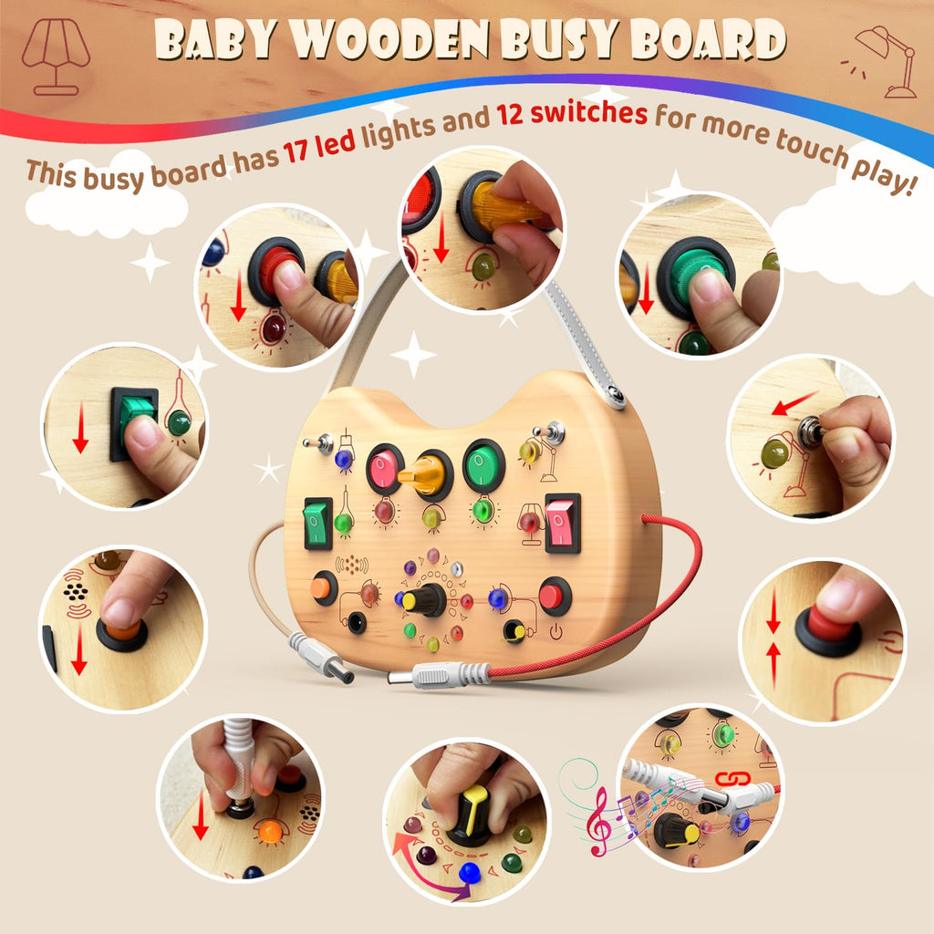 UdoUto Montessori Wooden Busy Board for Toddlers with LED Lights & Switches