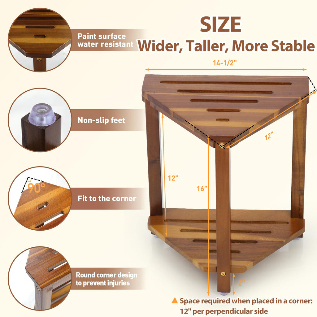 IBosins 16in Shower Foot Rest Corner Shower Stool for Shaving Legs with Storage Shelf Small Bench for Inside Shower to Sit on Bath Seat - Acacia Wood