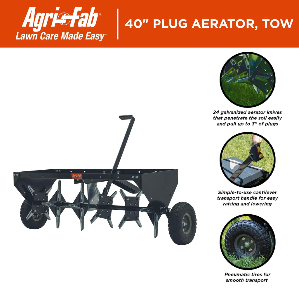 Agri-Fab 40 In Tow Behind Lawn Plug Aerator with 24 Galvanized Coring Knives and Universal Hitch