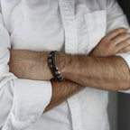 Men's Black Braided Leather Bracelet with Stainless Steel Accents Double-Layer Design Durable Biker Punk Style Wristband Modern Minimalist Fashion Jewelry for Men