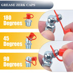 PAIGOIN Grease Fittings Kit, 405Pcs SAE & Metric Grease Fitting Assortment, NPT 1/4" 1/8" M6 M8 M10 Straight 45 90 Degree Grease Zerk Fittings with Caps and Wrench Kit(7-11Mm) for Grease Gun