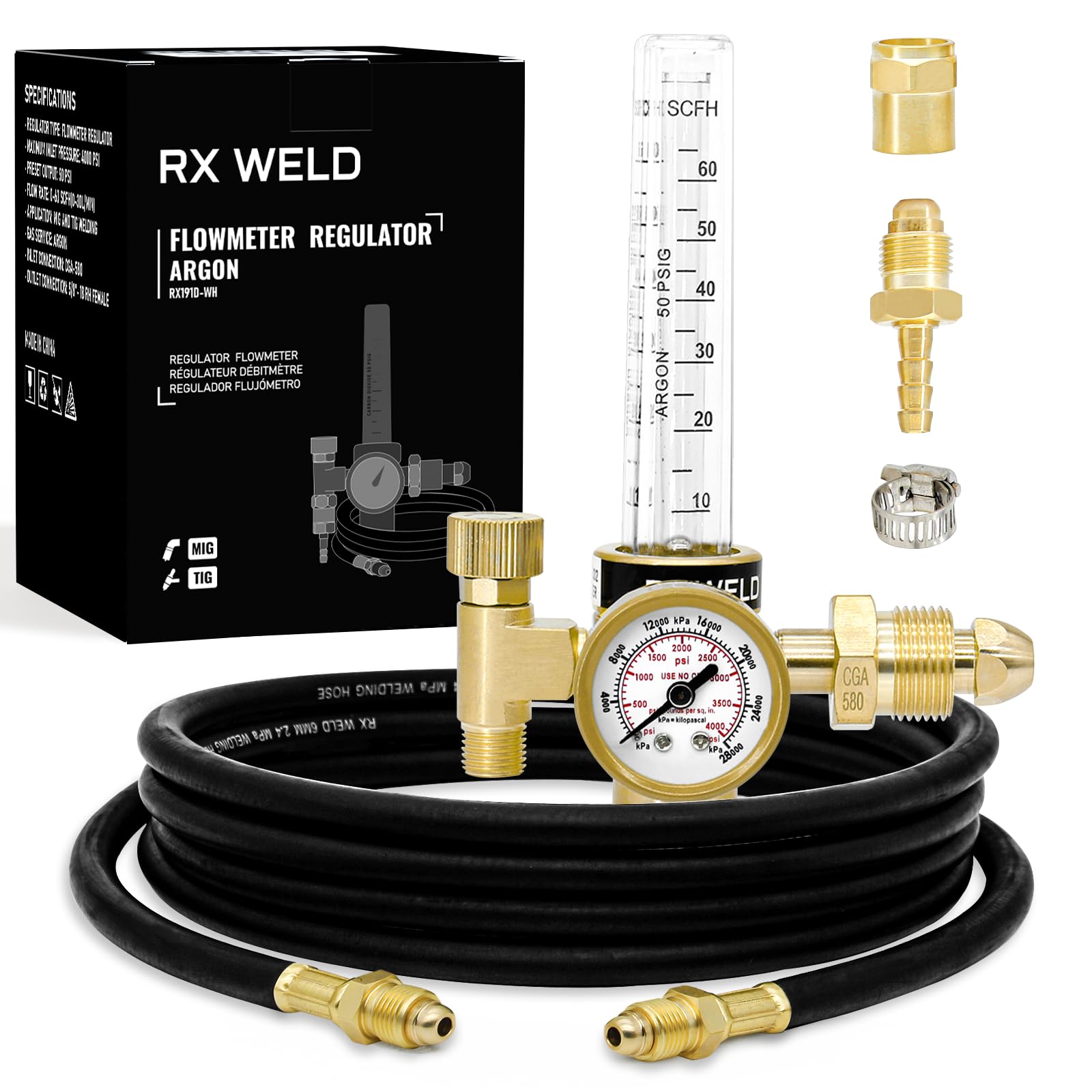 RX WELD Argon Flowmeter for MIG TIG Weld, CGA580, 6.6FT Hose