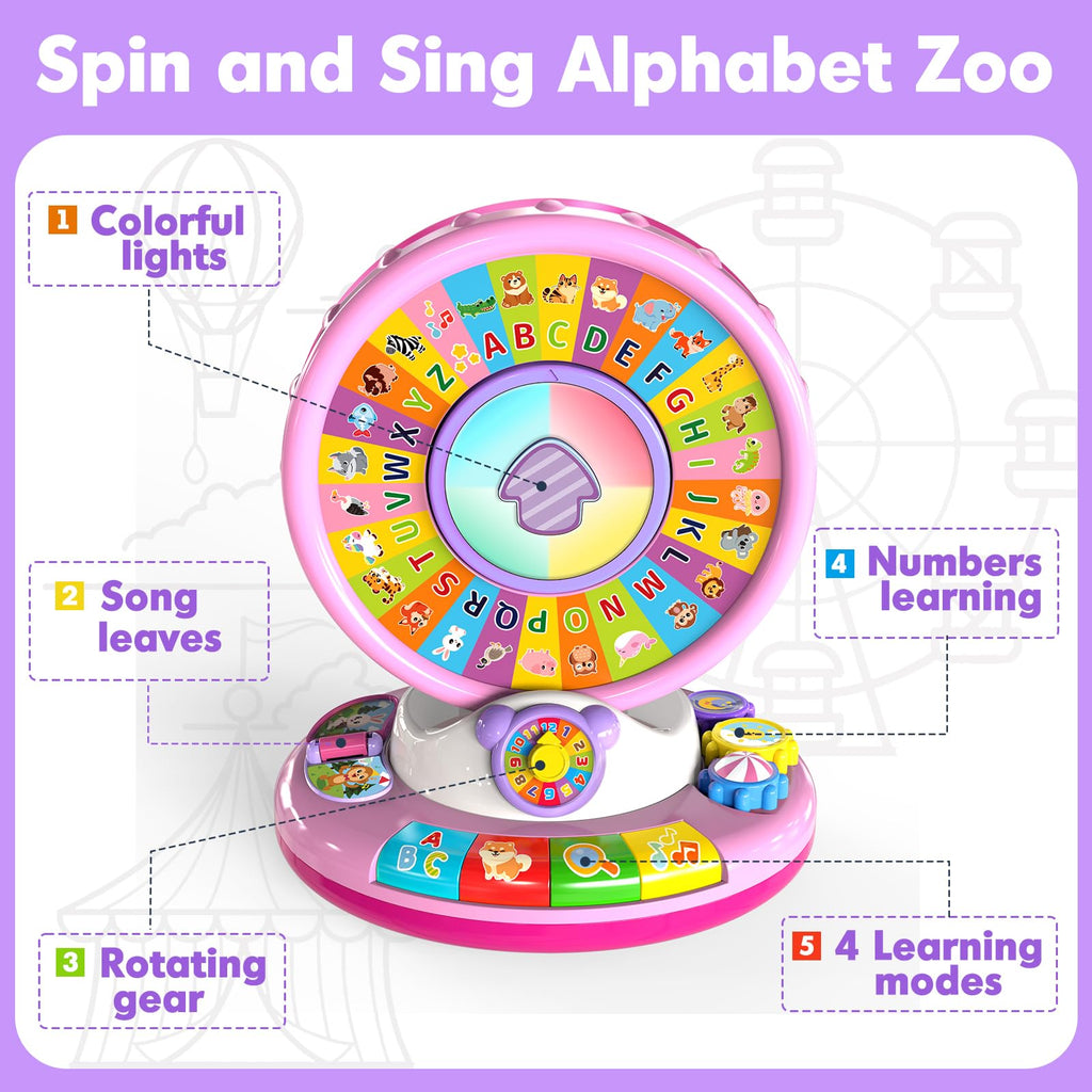 Learning Toy for 1 2 3 Year Old Girls, Spin and Sing Alphabet Zoo with Sounds, Interactive Educational Toys for Toddlers 1-3, Christmas 1st Birthday Gifts for Baby Girls Boys 9-12-18 Months
