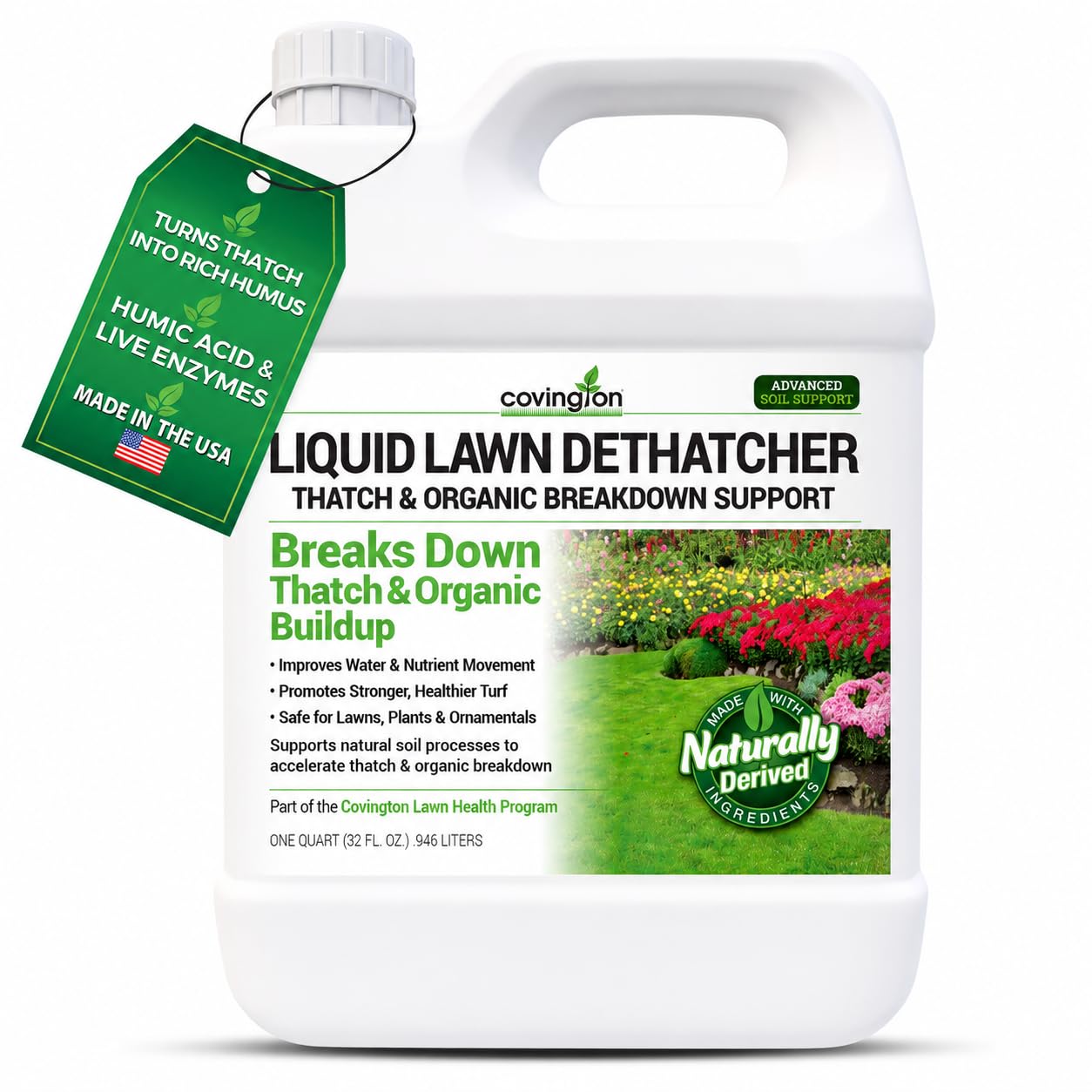 Covington Liquid Lawn Dethatcher (32oz) – Liquid Aerator Concentrate & Humic Thatch Remover, Soil Softener & Grass Thatch Buster for Lawns & Gardens – Kids & Pet Safe, Made in USA