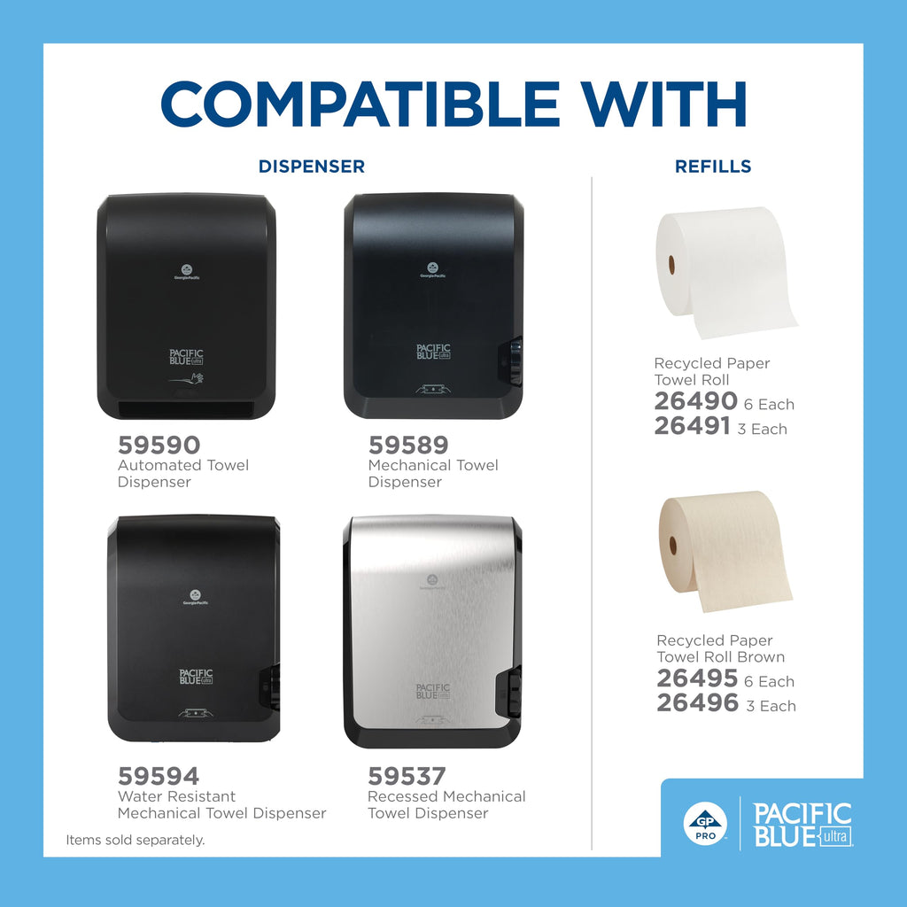 Pacific Blue Ultra 8" High-Capacity Automated Touchless Paper Towel Dispenser Starter Kit by GP PRO (Georgia-Pacific), Black Dispenser (59590) 1 White Towel Roll (26491)