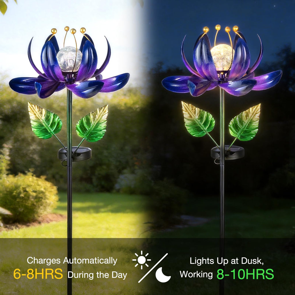 AIINY Solar Purple Metal Flower Wind Spinners, Colorful Spinning Windmill Lotus Yard Art Lights Wind Pinwheels with LED Crystal Ball Decorative Stake Lighting Flower Sculpture