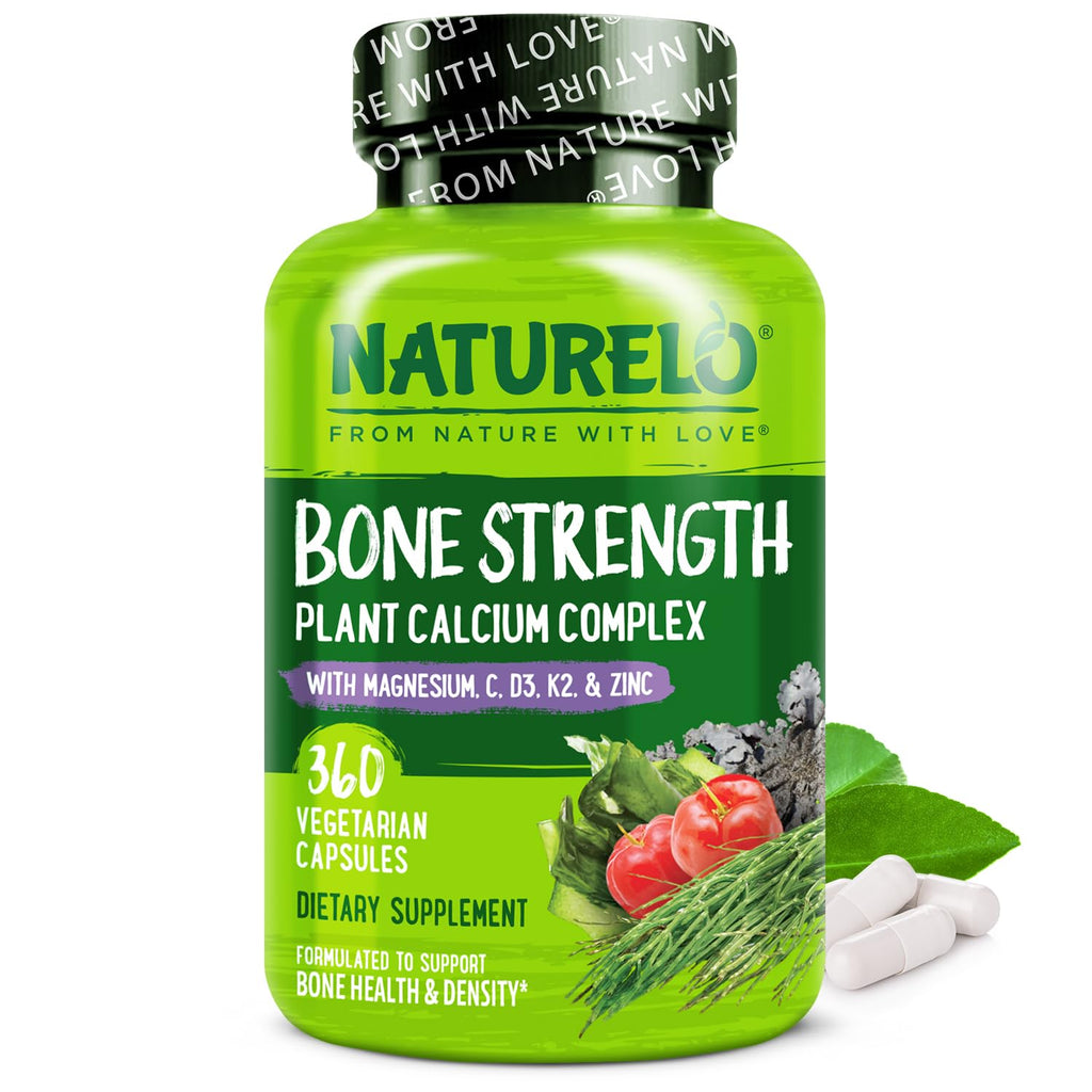 NATURELO Calcium Supplement with Vitamin C, D3, K2, and Magnesium Zinc for Bone Strength, 360 Vegetarian Capsules, with Calcium 600mg, Non-GMO, Plant-Based, Soy & Gluten-Free