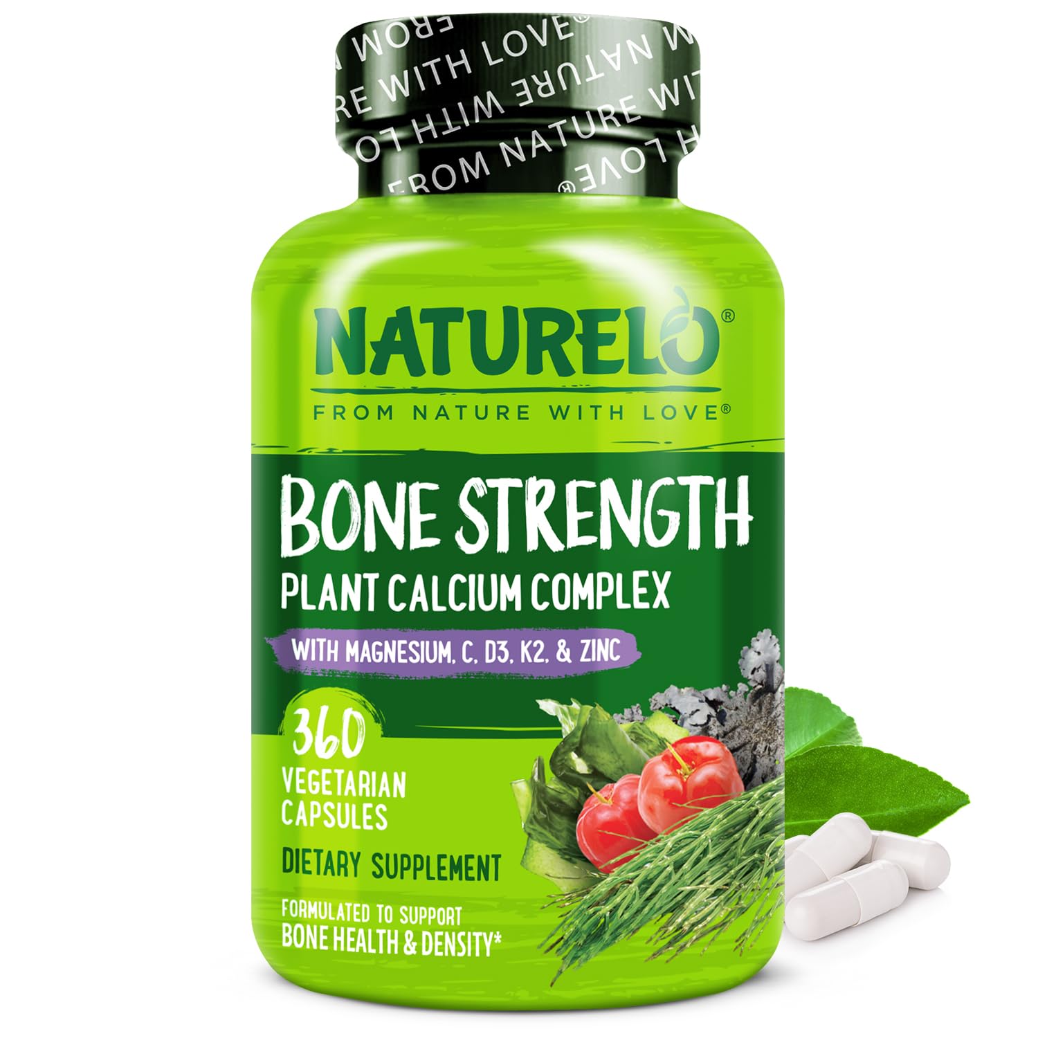 NATURELO Calcium Supplement with Vitamin C, D3, K2, and Magnesium Zinc for Bone Strength, 360 Vegetarian Capsules, with Calcium 600mg, Non-GMO, Plant-Based, Soy & Gluten-Free