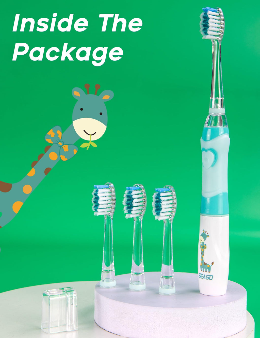 SEAGO Kids Electric Toothbrush with 2 Mins Brushing Timer and 4 Replacement Brush Heads, Rainbow LED Light Makes Brushing Fun, Boys Battery Powered Toothbrush for 4-12 Years Old，SG-977(Green)