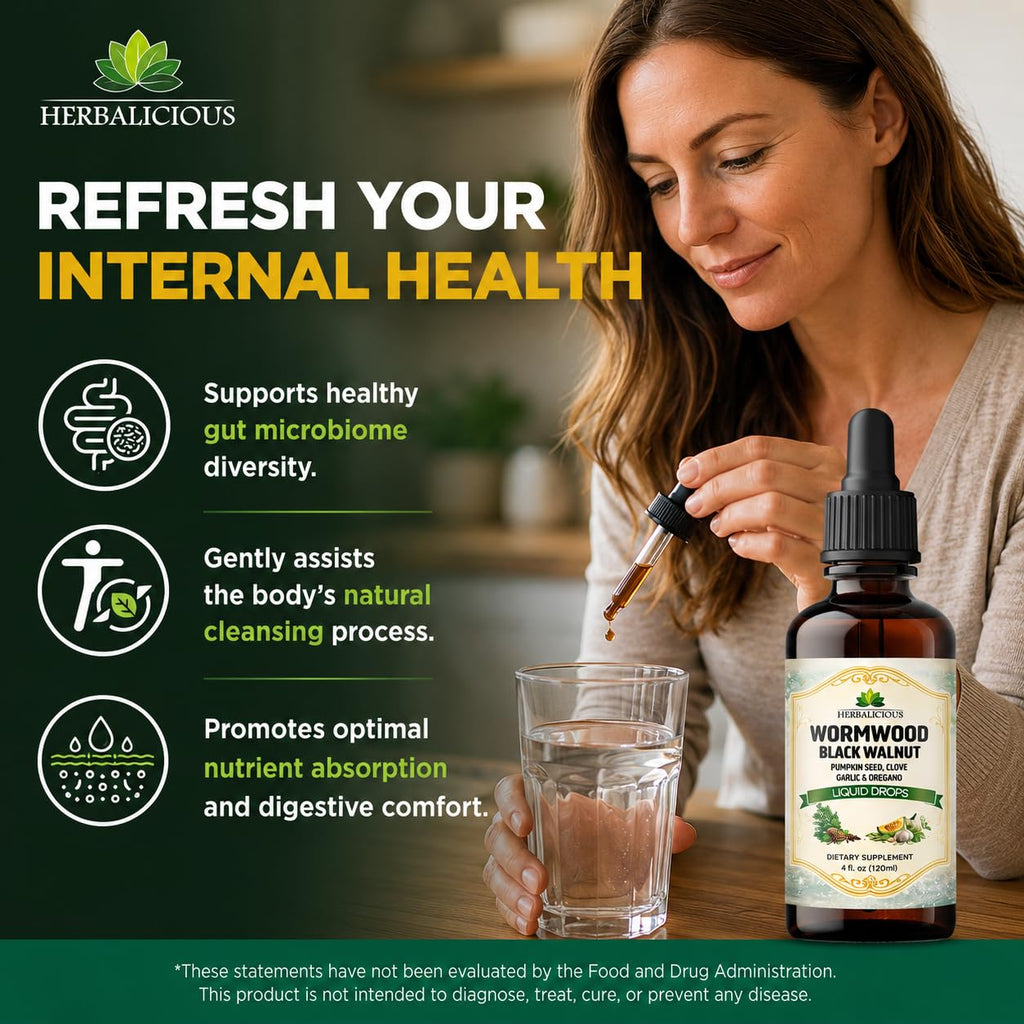 HEBRALICIOUS Wormwood Black Walnut Clove Parasite Cleanse – Herbal Liquid Drops with Pumpkin Seed, Garlic & Oregano Oil – Alcohol-Free Tincture Supplement, 4 fl oz (120 ml)