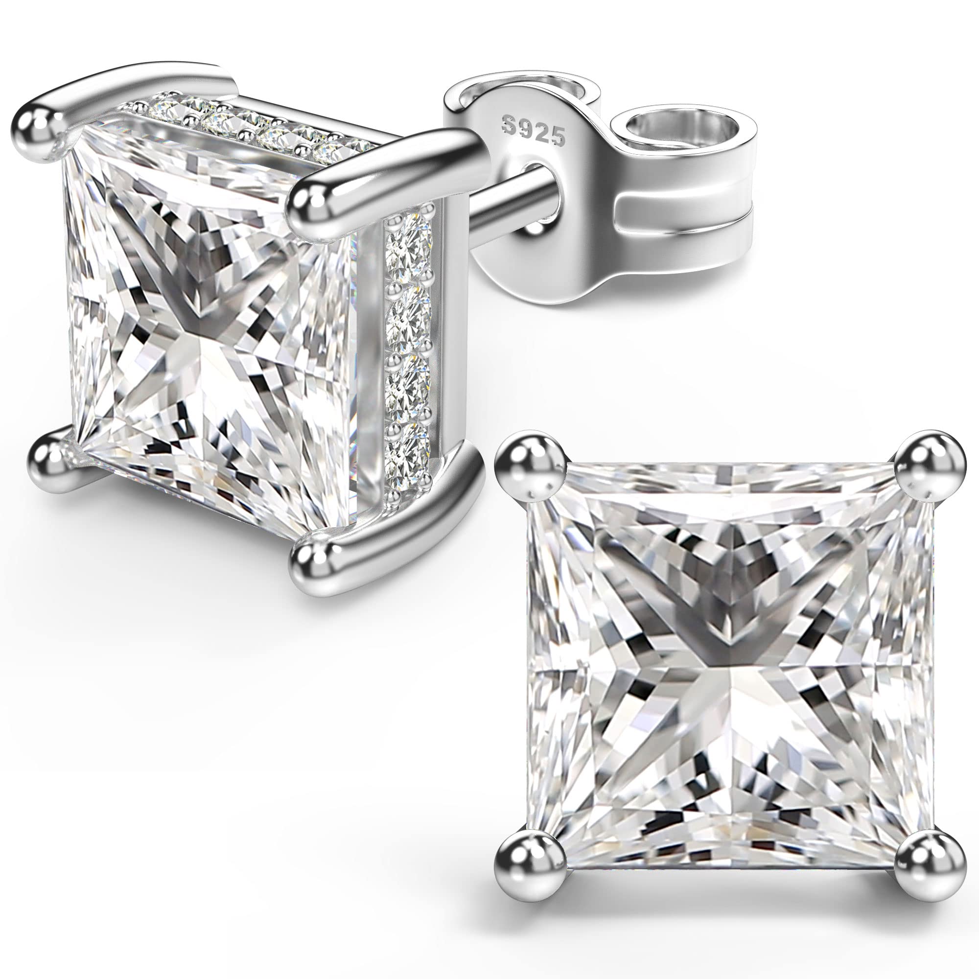 Princess Cut Cubic Zirconia Stud Earrings for Men Women (6MM, White Gold)