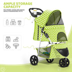 Magshion 3-Wheel Pet Stroller, Foldable Travel Jogger for Small & Medium Dogs & Cats (Up to 33lbs), Lightweight Carrier with Breathable Mesh Cover, Cup Holder & Storage Basket, Lawn Green Polka Dots