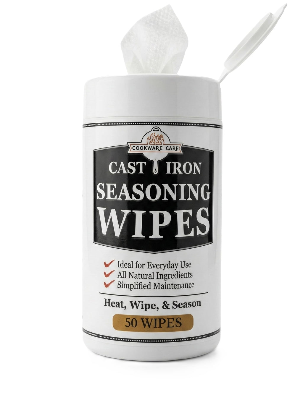 Cookware Care Cast Iron Seasoning Oil Wipes, 50 Wipes, Made in USA with Grapeseed Oil for Cast Iron Skillet, Blackstone Griddle (1 pack)